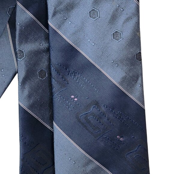 Vintage 70s Blue Silk Neck Tie Men Accessories Geometric Embroidered Formal Work - Picture 12 of 16